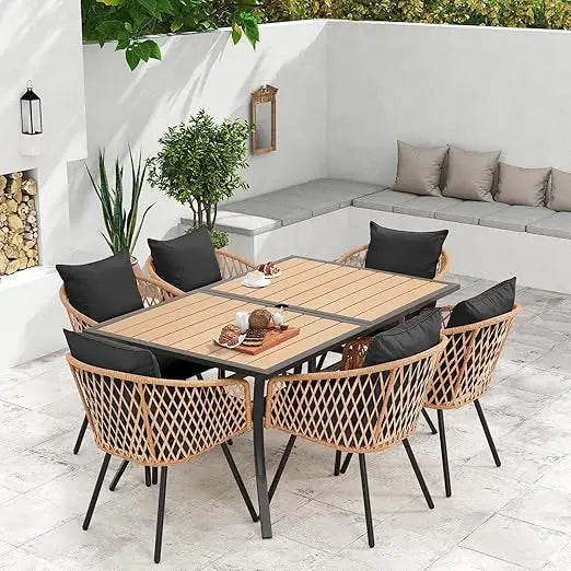 All Weather Rattan Dining Set With Wood Table Umbrella Hole