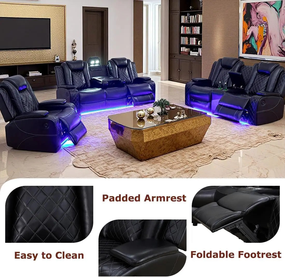 Power Recliner Sofa Set With LED Light And Storage Console