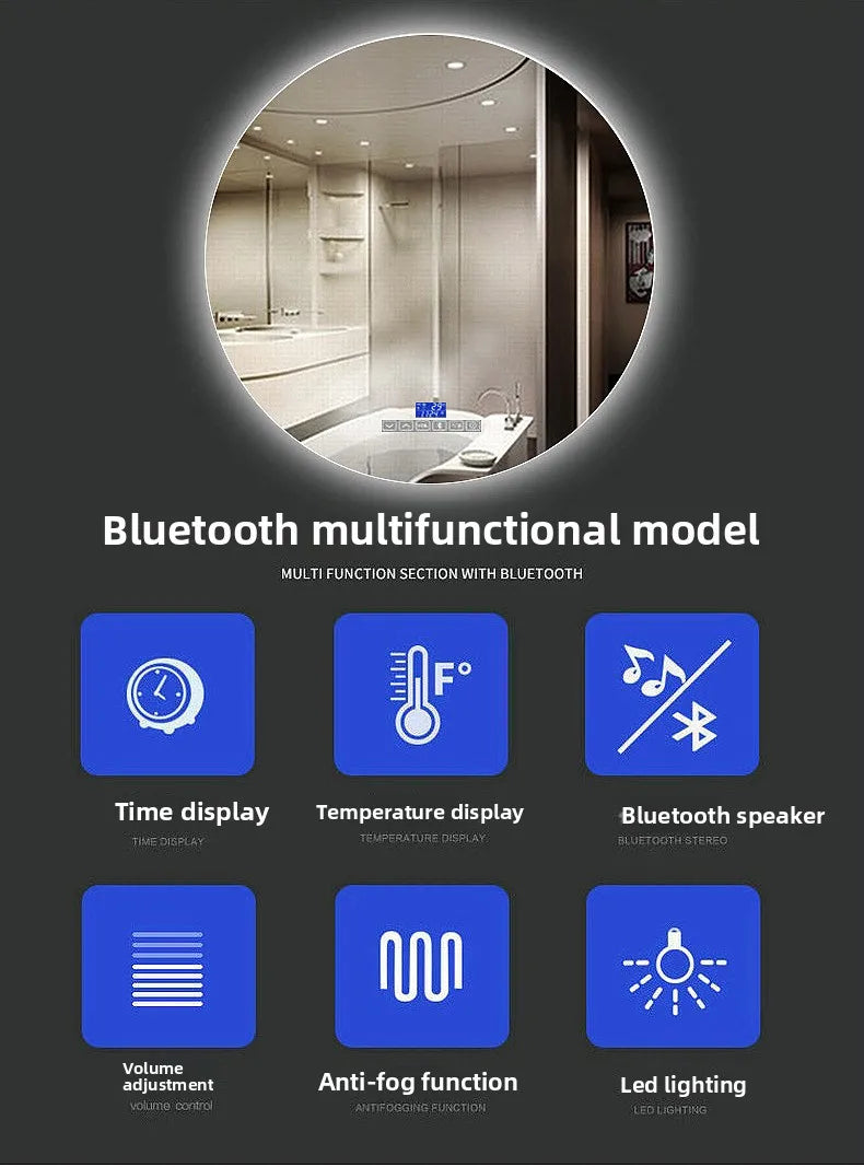 Round Wall-Mounted Smart Bathroom Mirror With LED Anti-Fog Touch Screen