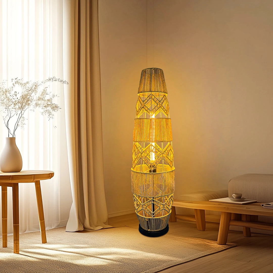 Vrygle Boho Rattan Floor Lamp With LED Light Corner Reading Lamp Living Room