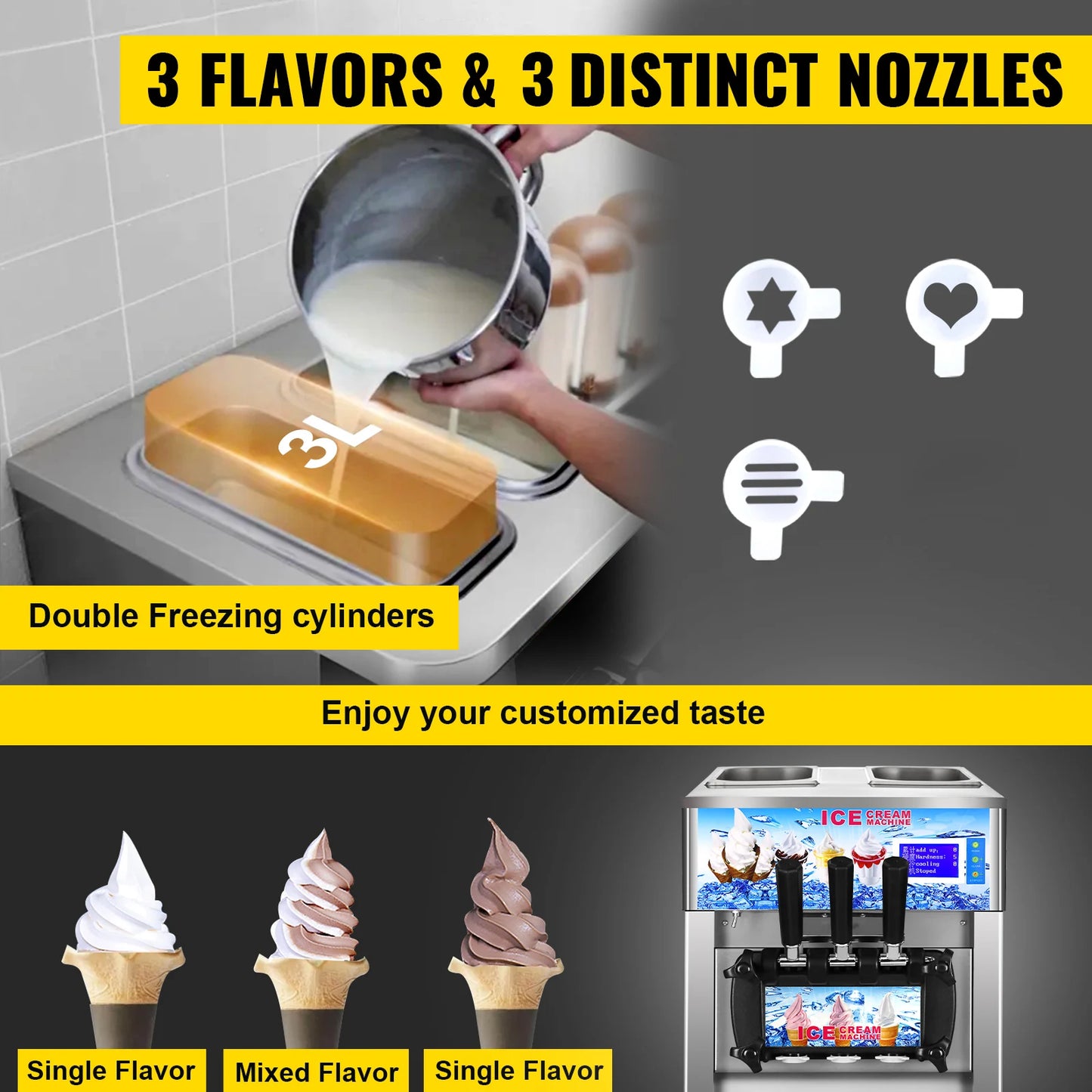 VEVOR Commercial Ice Cream Freezer Machine 3 Flavor Yogurt Maker