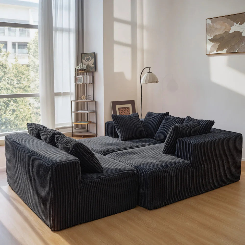 U Shaped Sectional Sofa With Corduroy Fabric Customizable Living Room