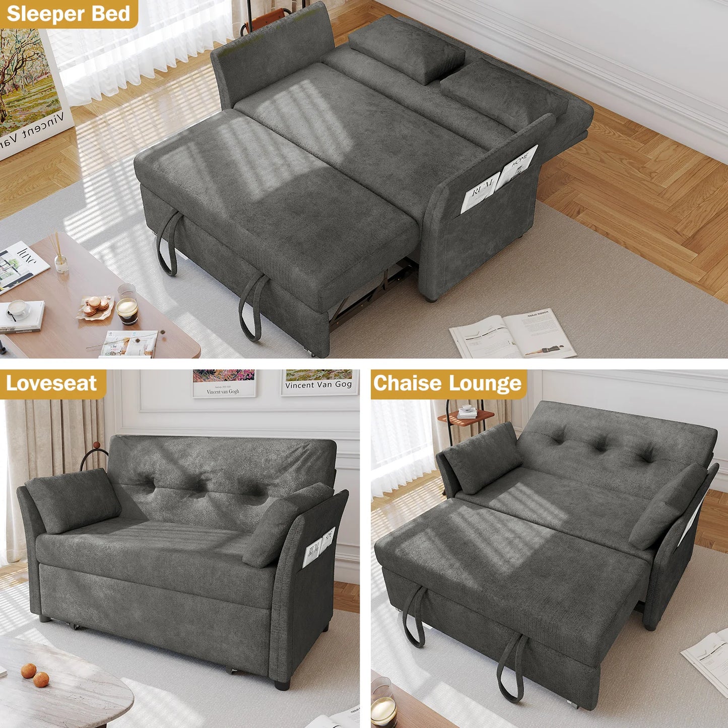 3-In-1 Convertible Sofa Bed With Pull-Out Loveseat And Backrest