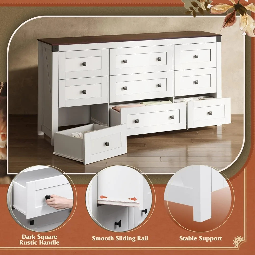 Farmhouse Nine Drawer Wood Dresser For Bedroom Storage