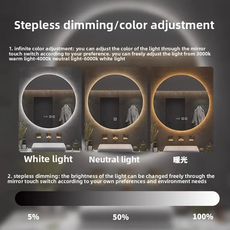 Round Wall-Mounted Smart Bathroom Mirror With LED Anti-Fog Touch Screen