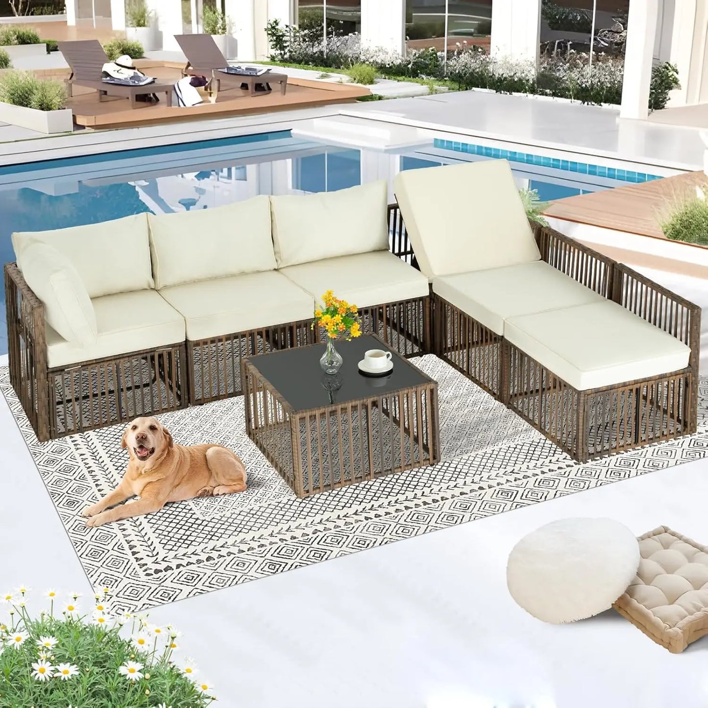 XMSJ 7 Piece Outdoor Patio Furniture Set Wicker Sectional Sofa