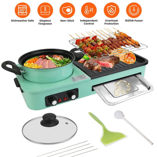 Three-In-One Electric Hot Pot Grill With Non-Stick Dual Temperature Control