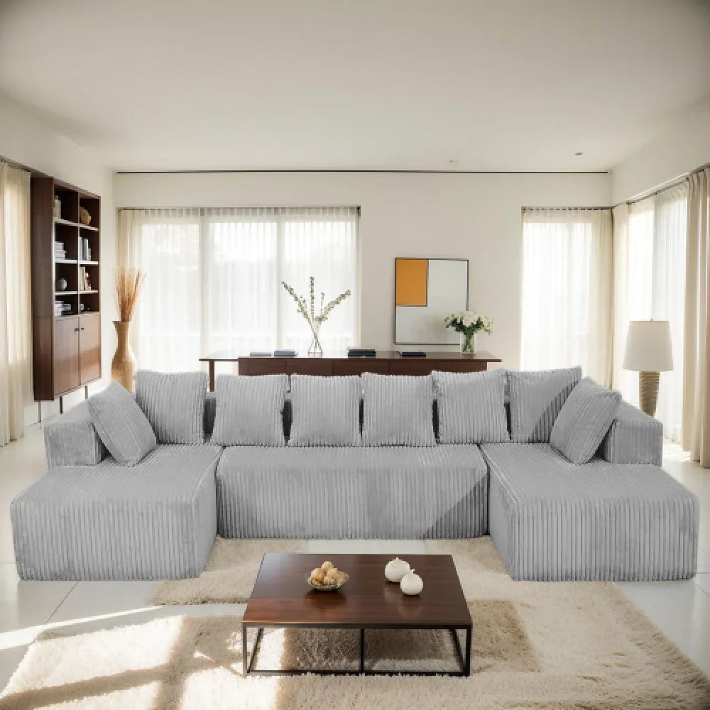 U Shaped Sectional Sofa With Corduroy Fabric Customizable Living Room
