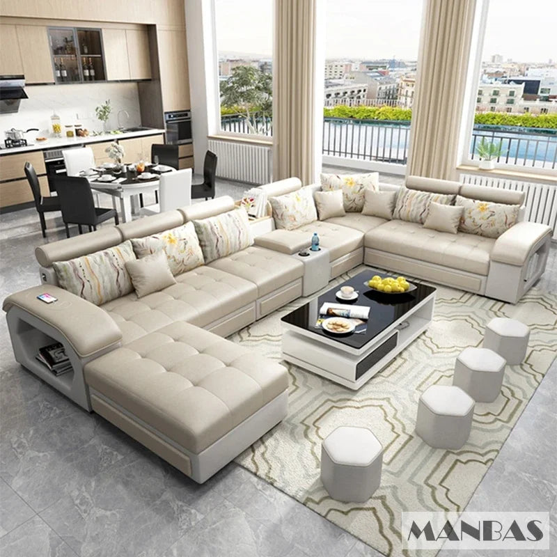 Linlamlim U Shaped Fabric Sofa Set With Usb And Stools
