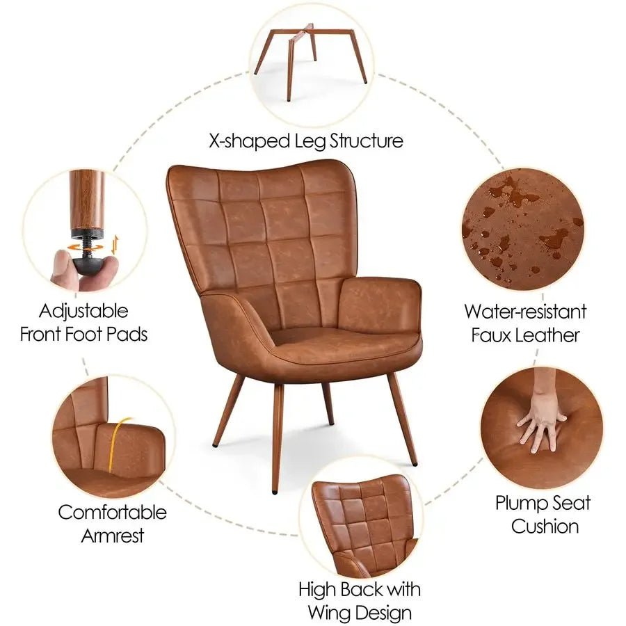 Accent Chairs PU Leather High-Back Chair With Metal Legs