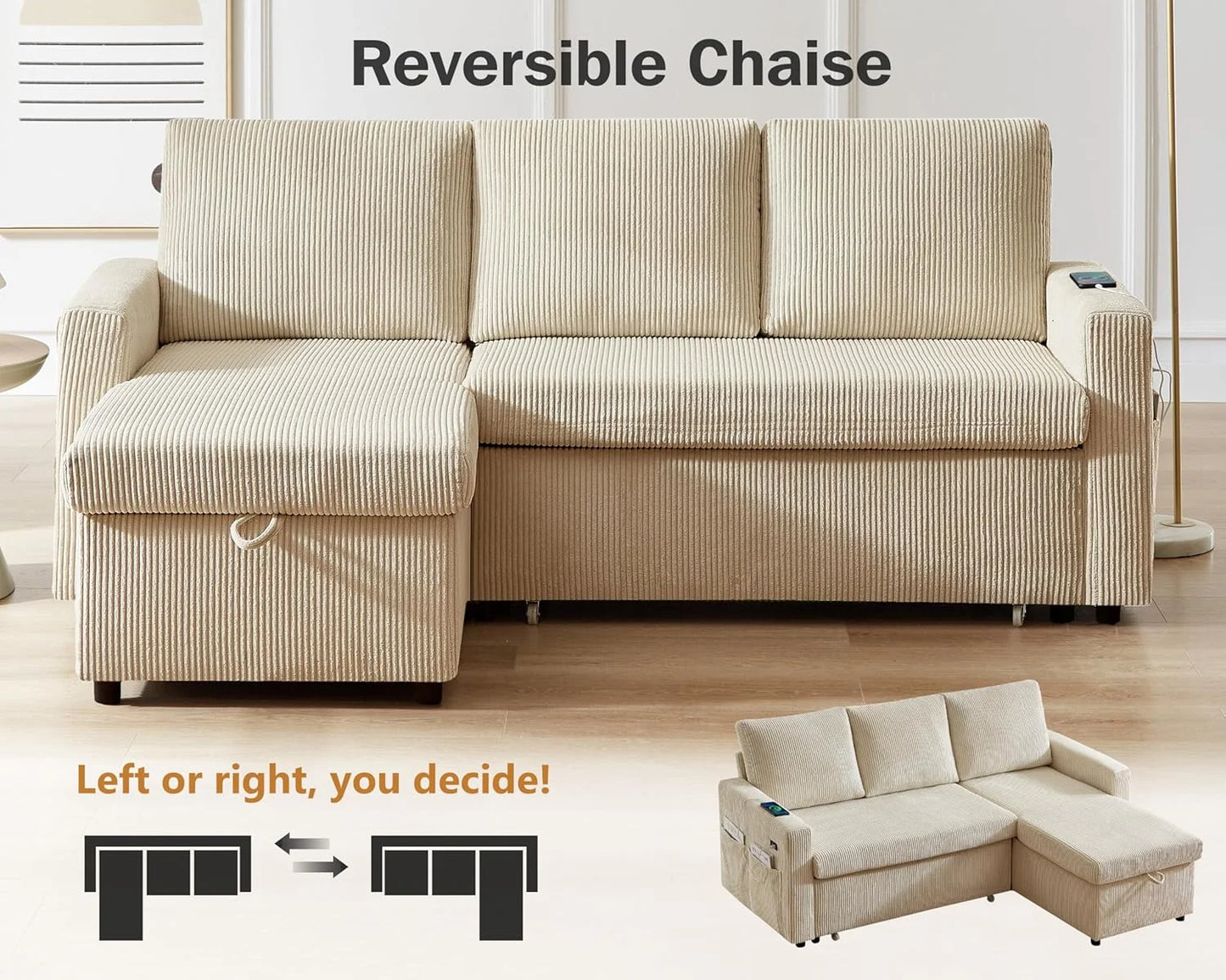 3-In-1 Convertible Sofa Bed With Pull-Out Loveseat And Backrest