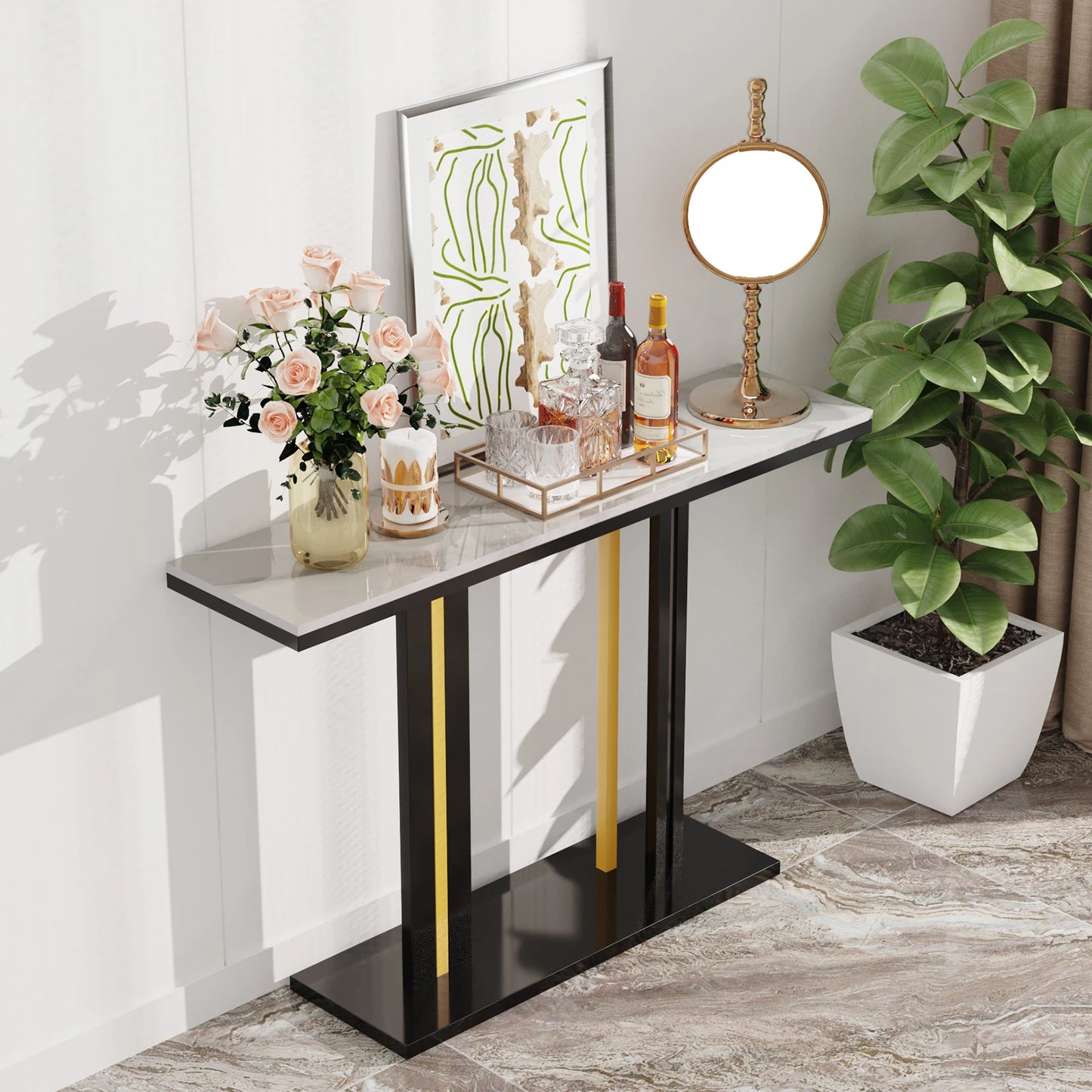 BINGOPAW Contemporary Console Table With Stone Top And Pedestal