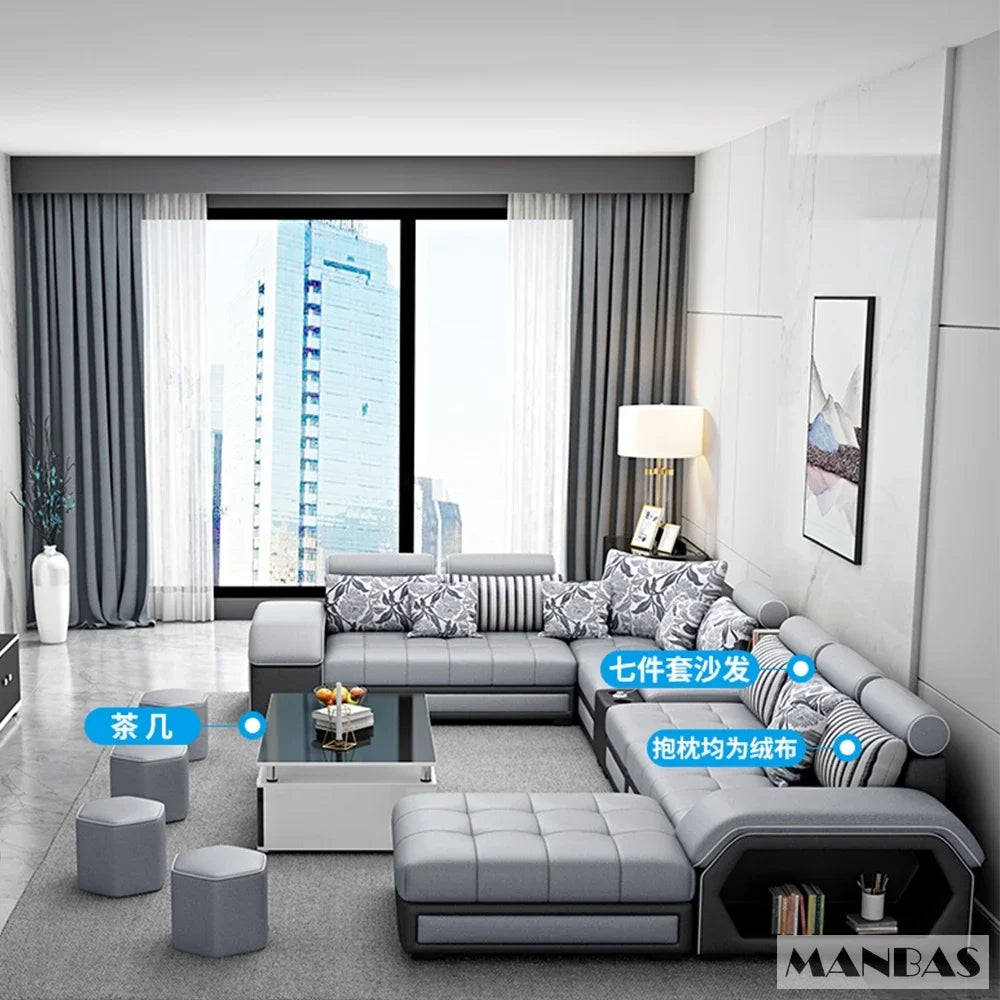 Linlamlim U Shaped Fabric Sofa Set With Usb And Stools