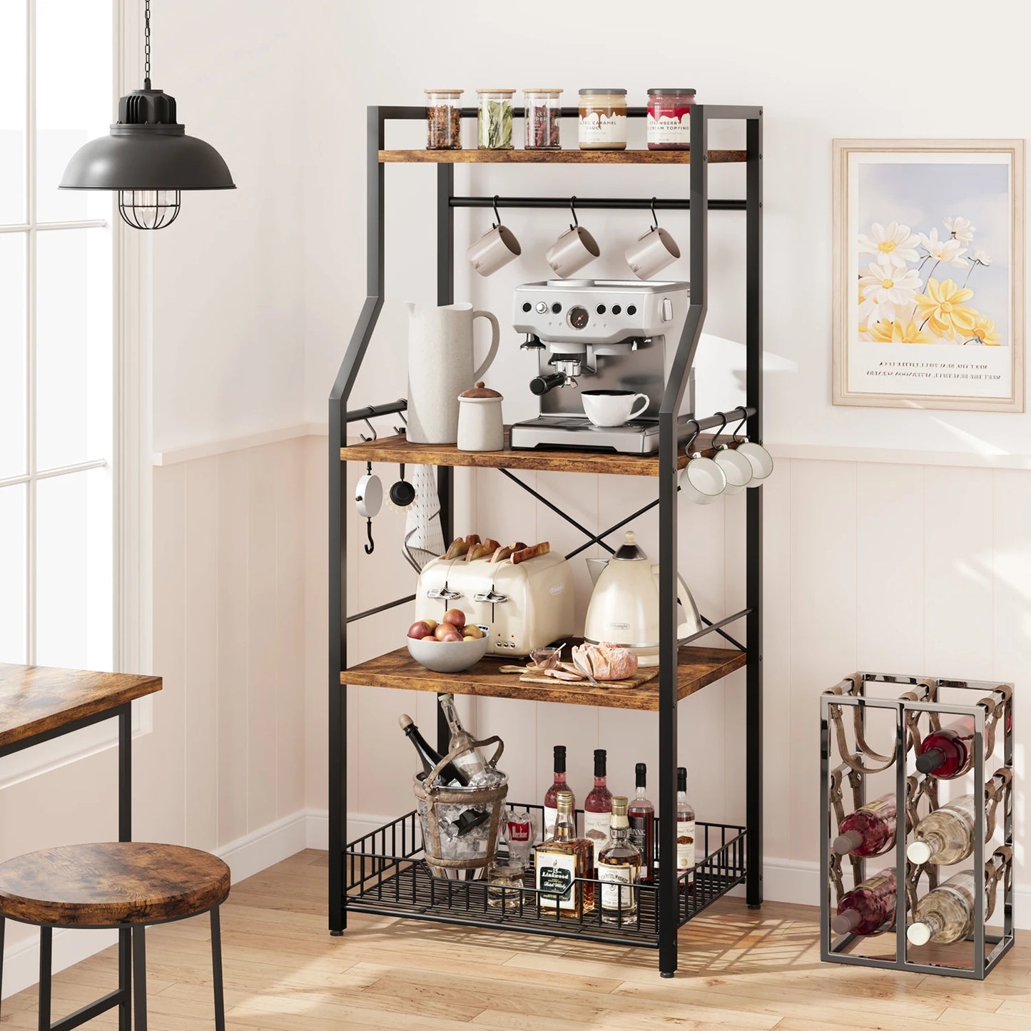 TWISTER.CK 4 Tier Kitchen Baker Rack With Wire Basket Hooks