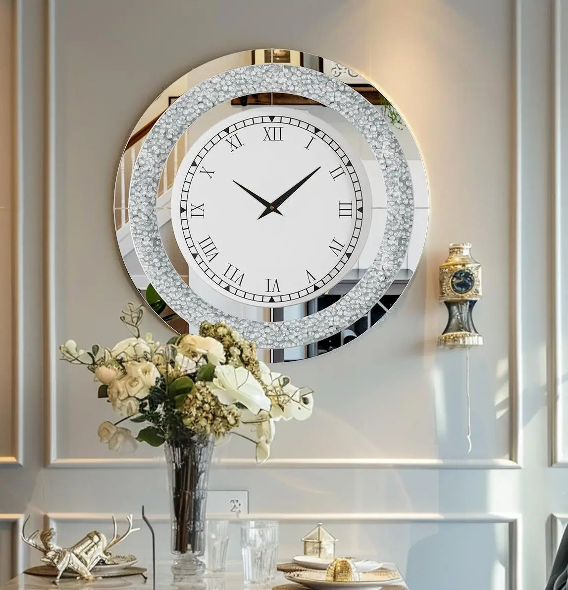 Glam Sparkle Round Mirrored Wall Clock for Home Decor