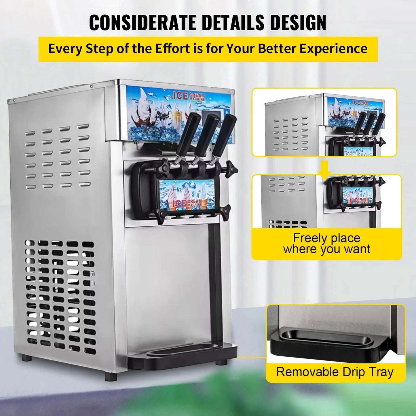 VEVOR Commercial Ice Cream Freezer Machine 3 Flavor Yogurt Maker