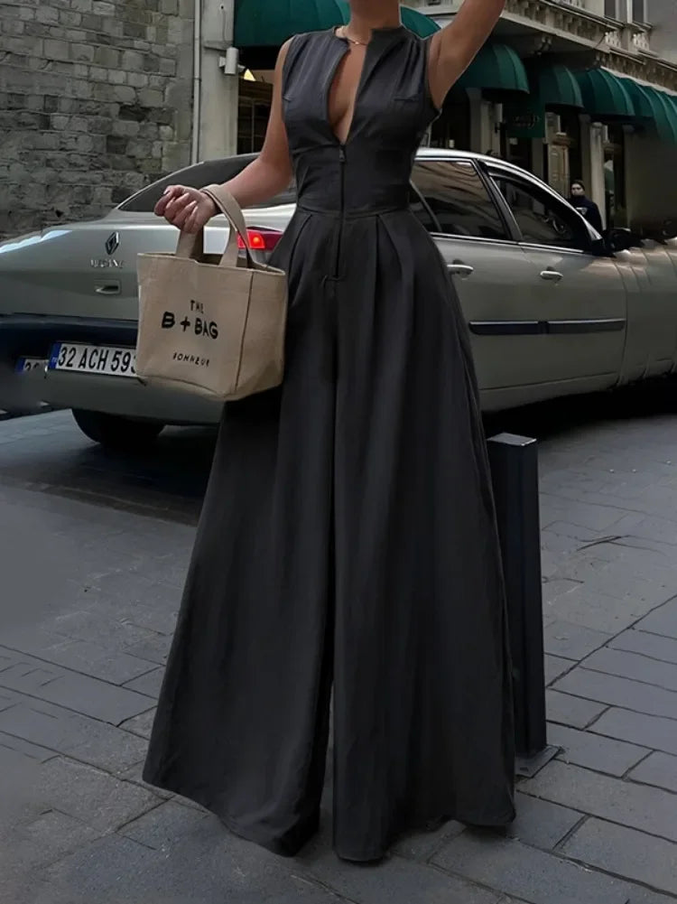 OSHOPLIVECN Office Lady Jumpsuit With Zipper Pockets Casual Fashion