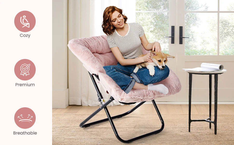 JHK Cozy Faux Fur Saucer Chair Metal Frame Folding Lounge