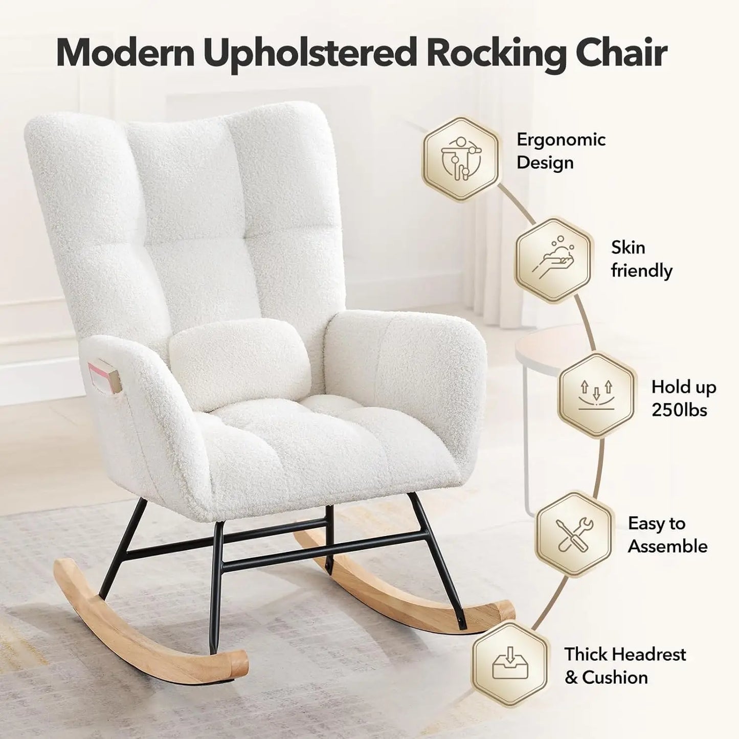 Studyset Modern Boucle Nursery Rocking Chair With Side Pocket
