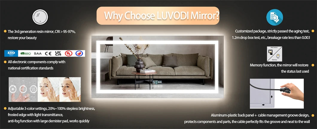 BORWART Smart LED Vanity Mirror Wall Mounted Bluetooth Digital Display