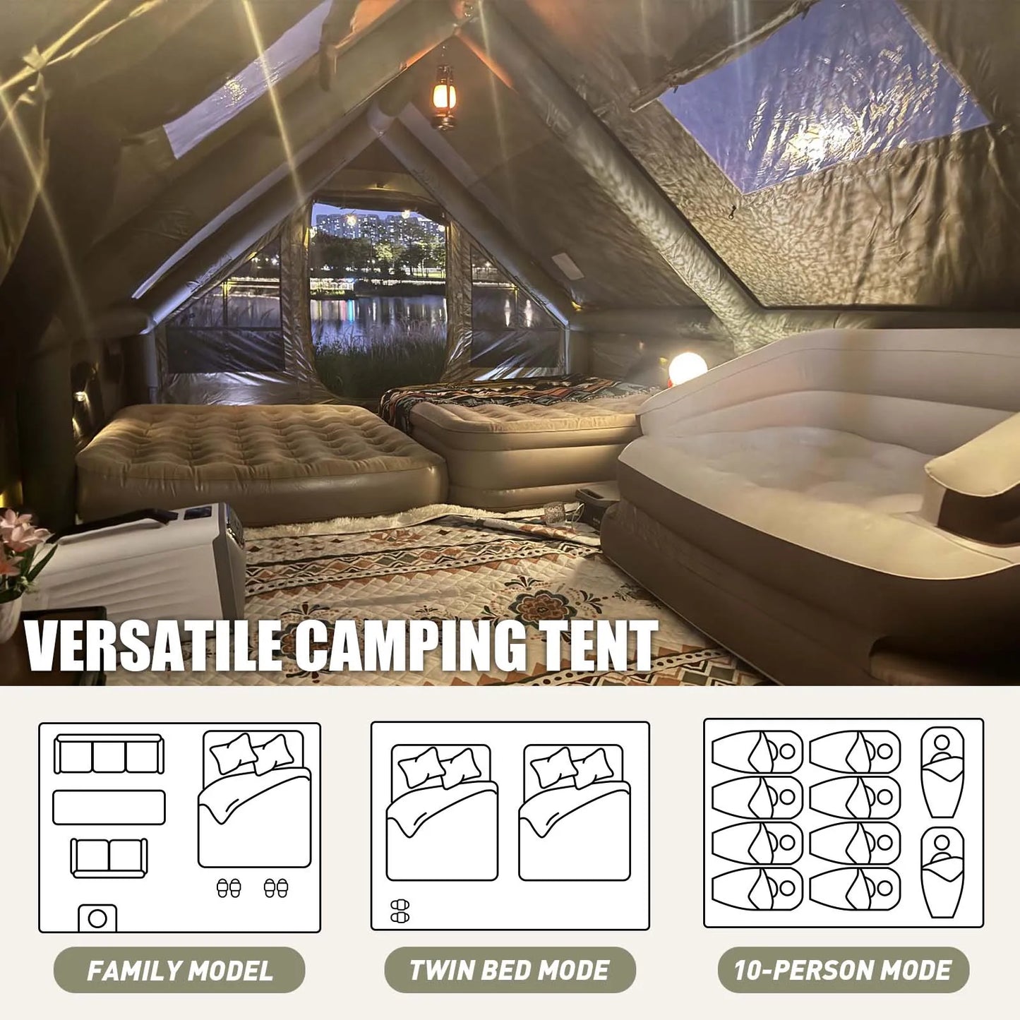 Inflatable Camping Tent With Chimney Opening Waterproof Oxford Fabric