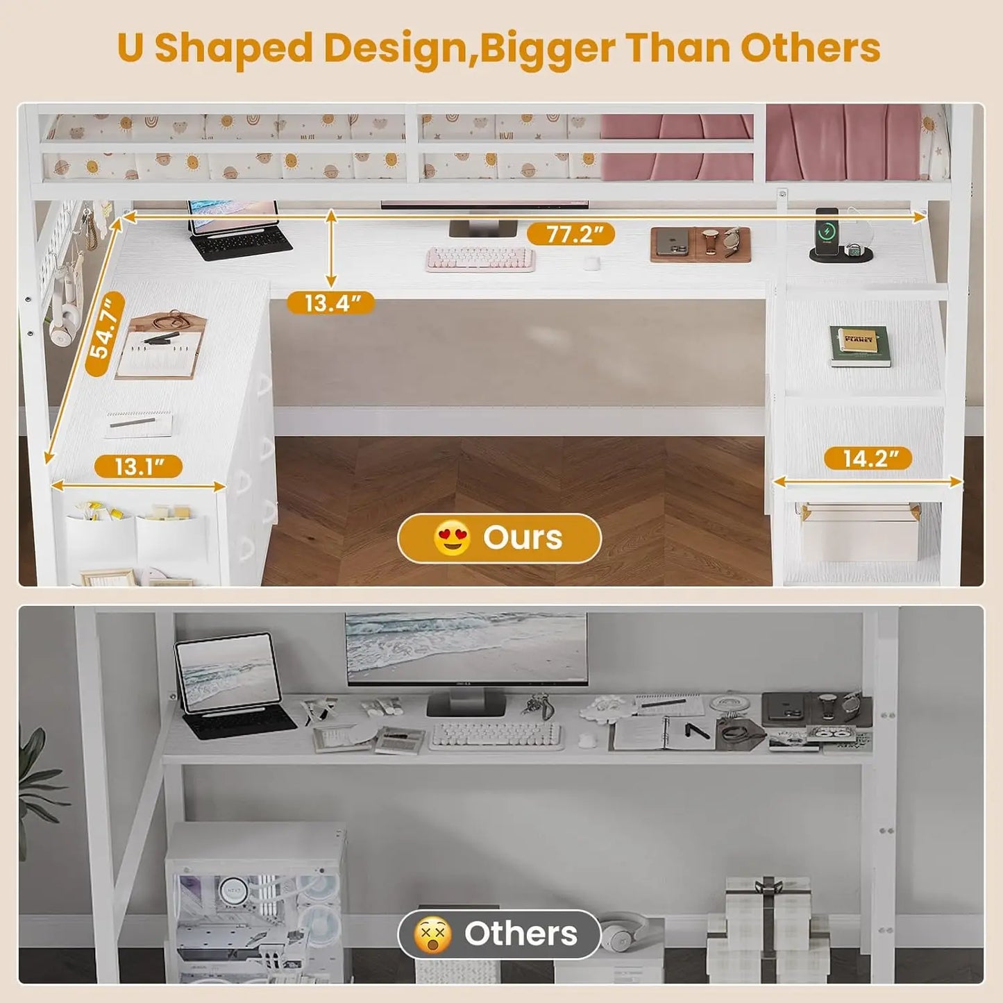 XMSJ Loft Bed With U Shaped Desk And Storage Shelves