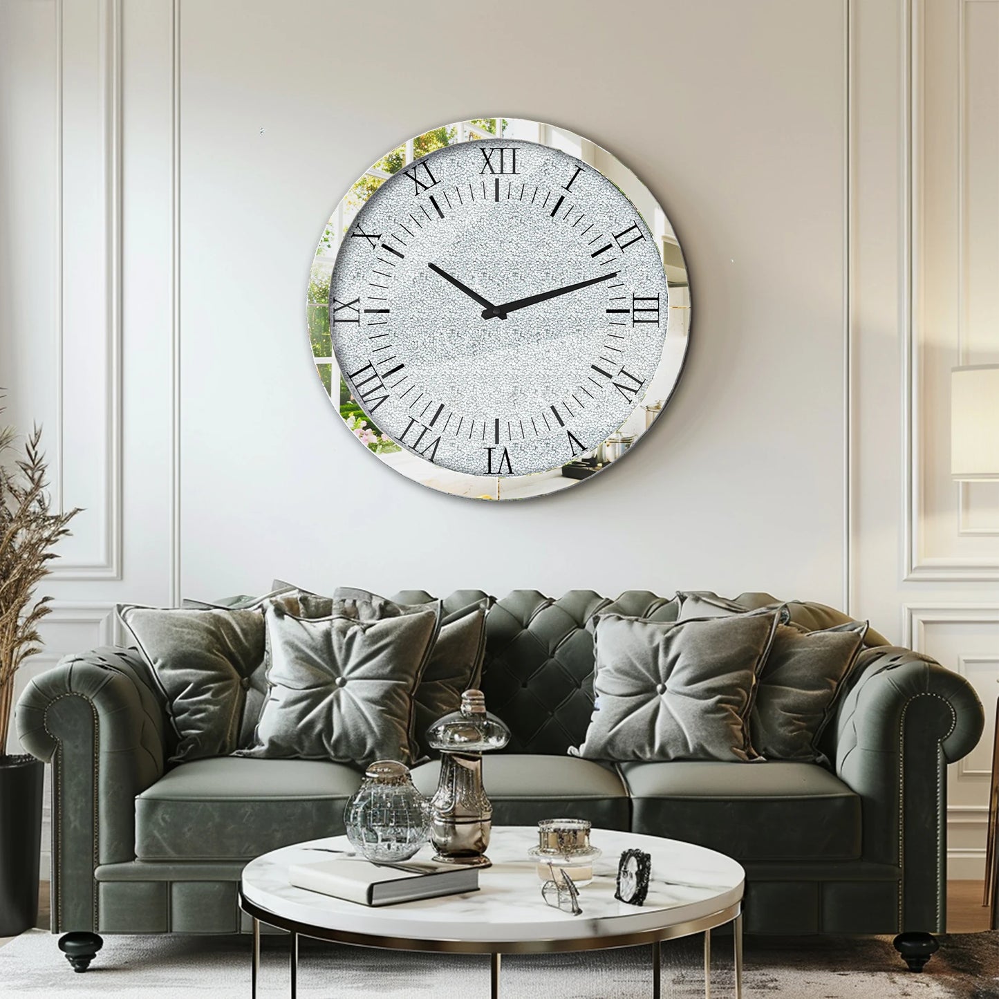Crystal Crush Diamond Mirrored Round Wall Clock Beveled Glass Edging
