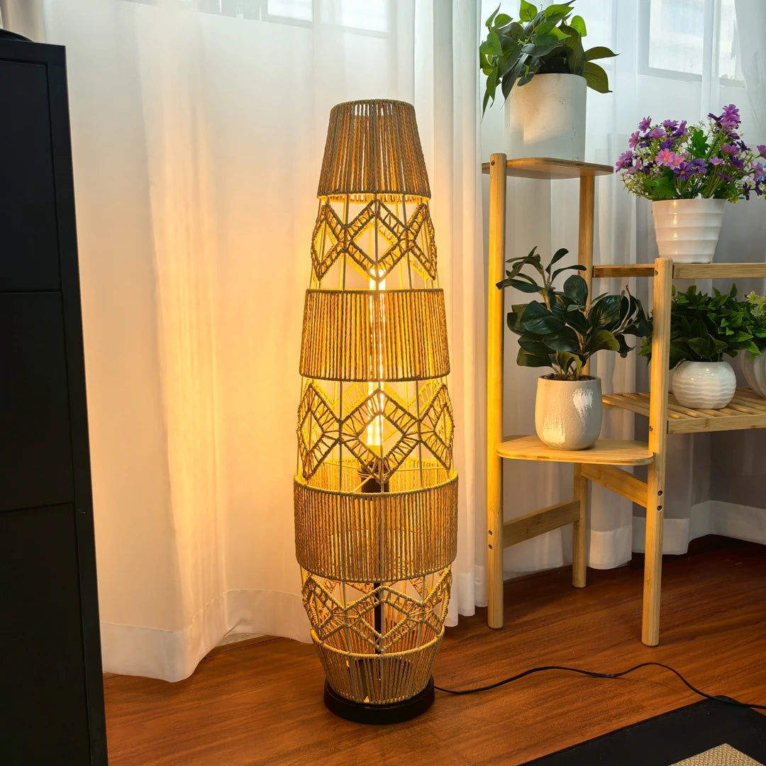 Vrygle Boho Rattan Floor Lamp With LED Light Corner Reading Lamp Living Room