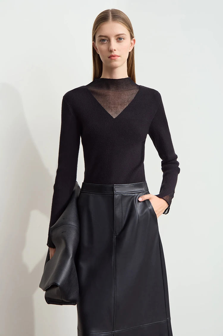 AMIICN Minimalist Winter Turtleneck Sweater With Sheer Panels