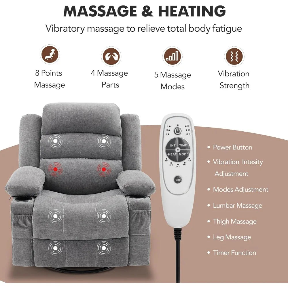 Rocker Recliner Chair With Heat And Massage 360 Degree Swivel