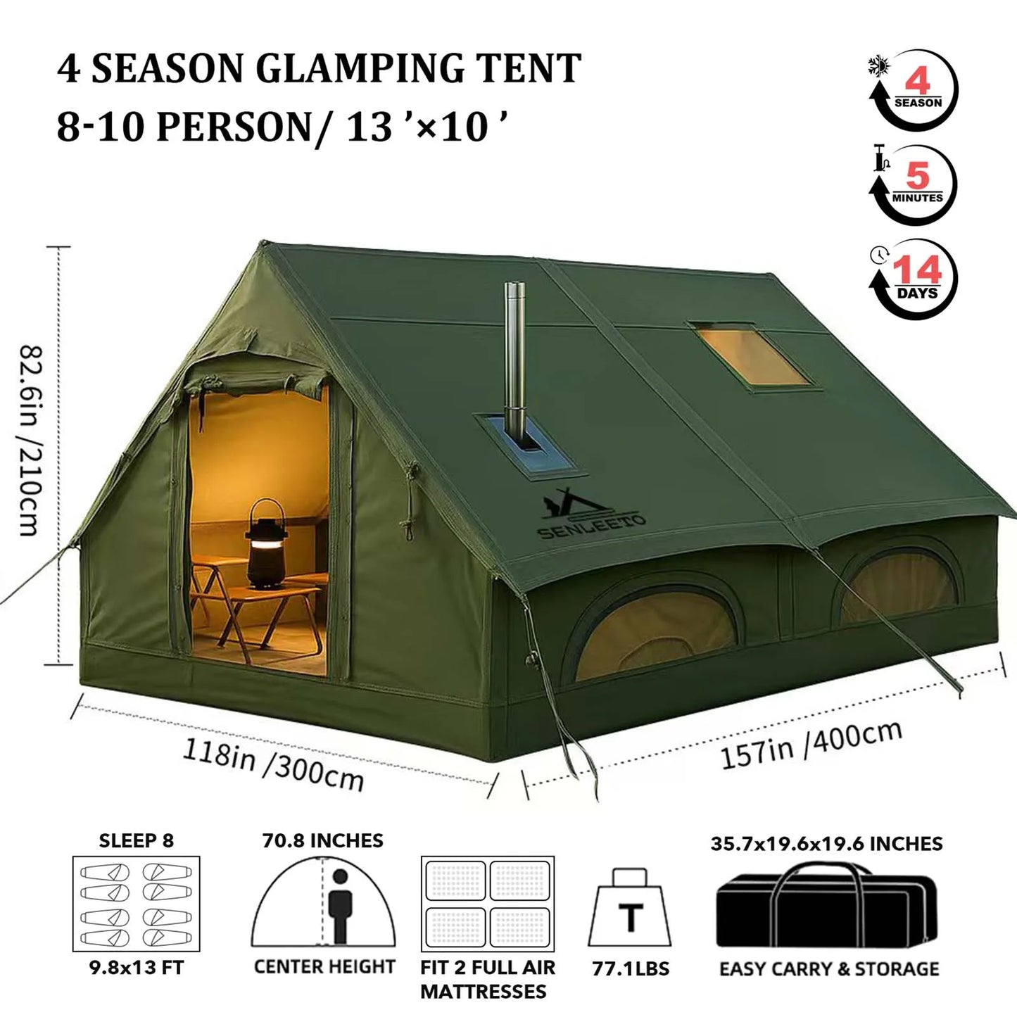 Inflatable Camping Tent With Chimney Opening Waterproof Oxford Fabric