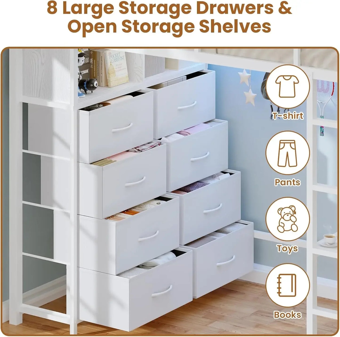 XMSJ Twin Loft Bed With Desk And Eight Storage Drawers