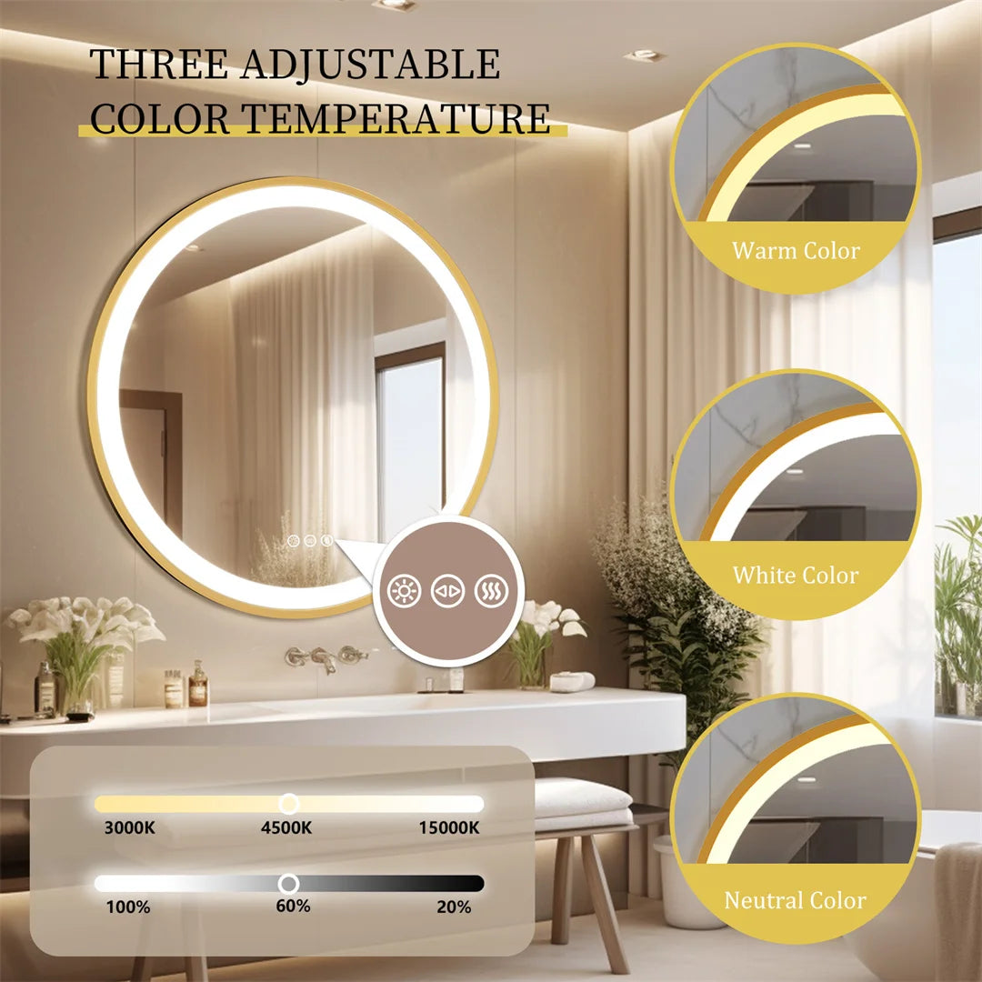 LUVODICRI Waterproof LED Bathroom Mirror With Defog 3 Color Dimming