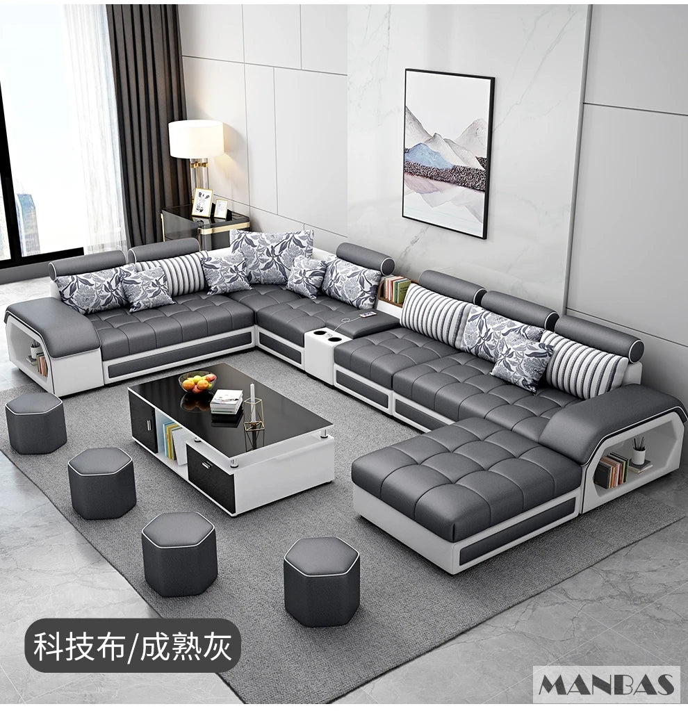 Linlamlim U Shaped Fabric Sofa Set With Usb And Stools