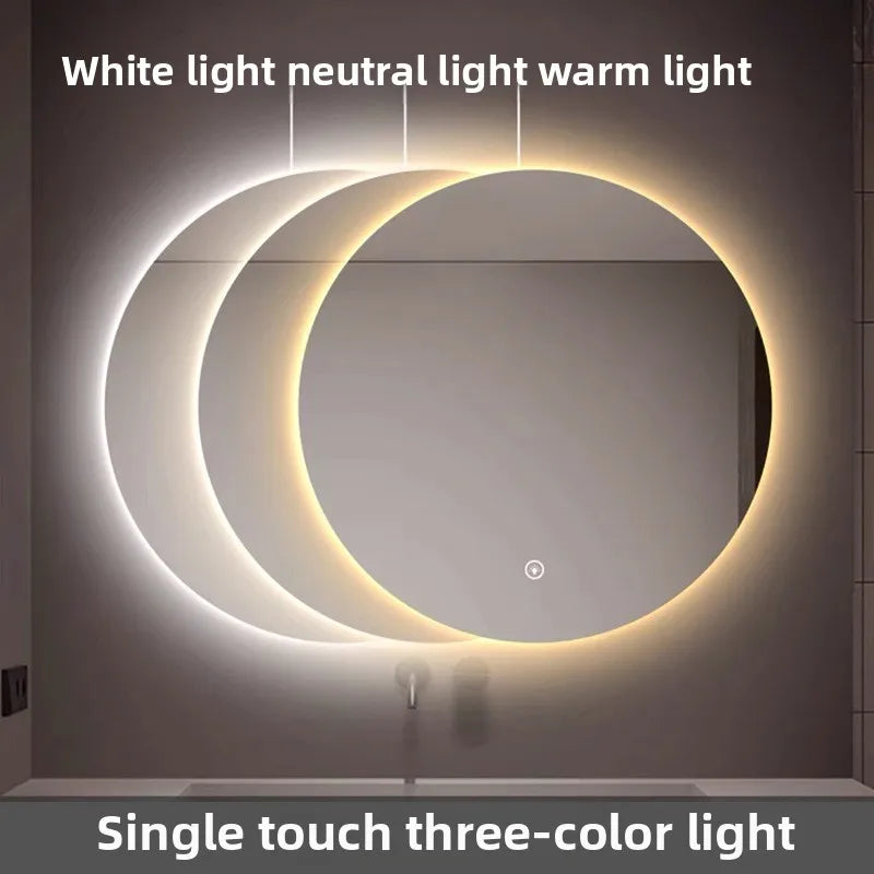 Round Wall-Mounted Smart Bathroom Mirror With LED Anti-Fog Touch Screen