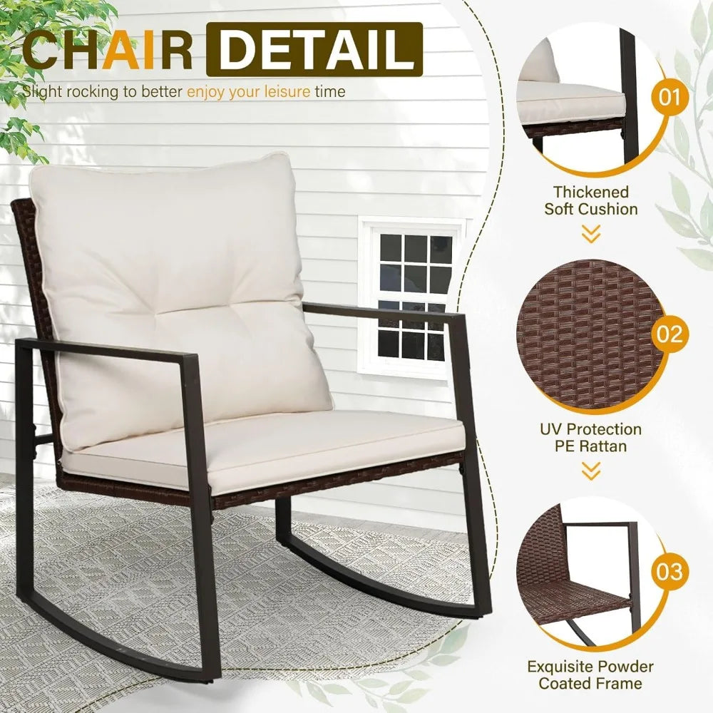 3-Piece Patio Bistro Set With Glass Coffee Table And Wicker Rocking Chairs