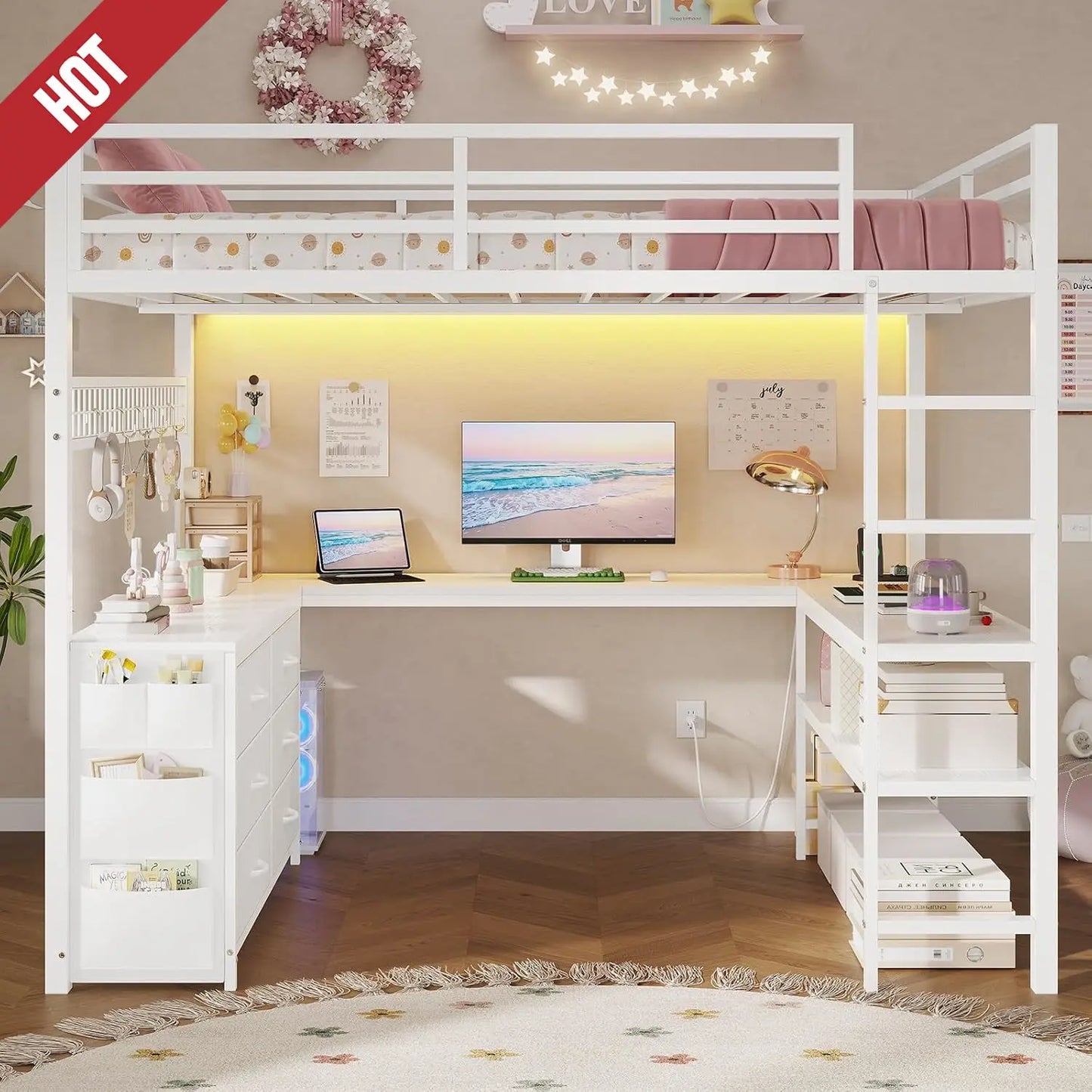 XMSJ Loft Bed With Desk Power Outlet And Storage Drawers