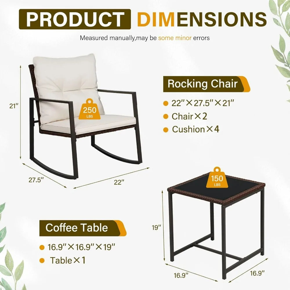 3-Piece Patio Bistro Set With Glass Coffee Table And Wicker Rocking Chairs
