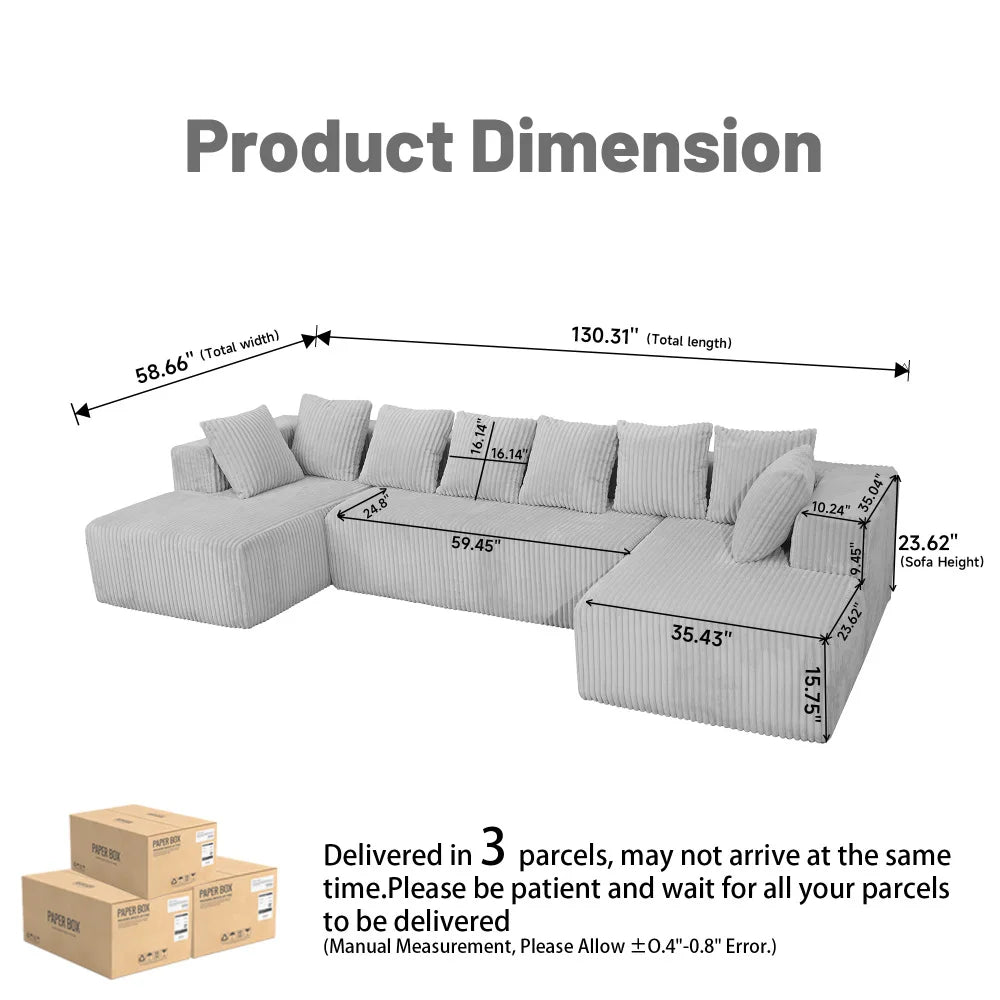 U Shaped Sectional Sofa With Corduroy Fabric Customizable Living Room
