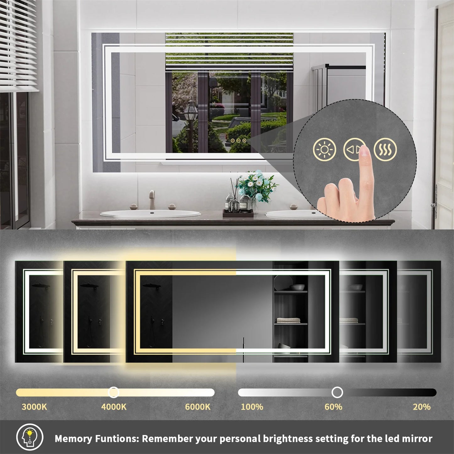 LED Backlit Mirror Dual Lights Anti Fog Dimmable Touch Button