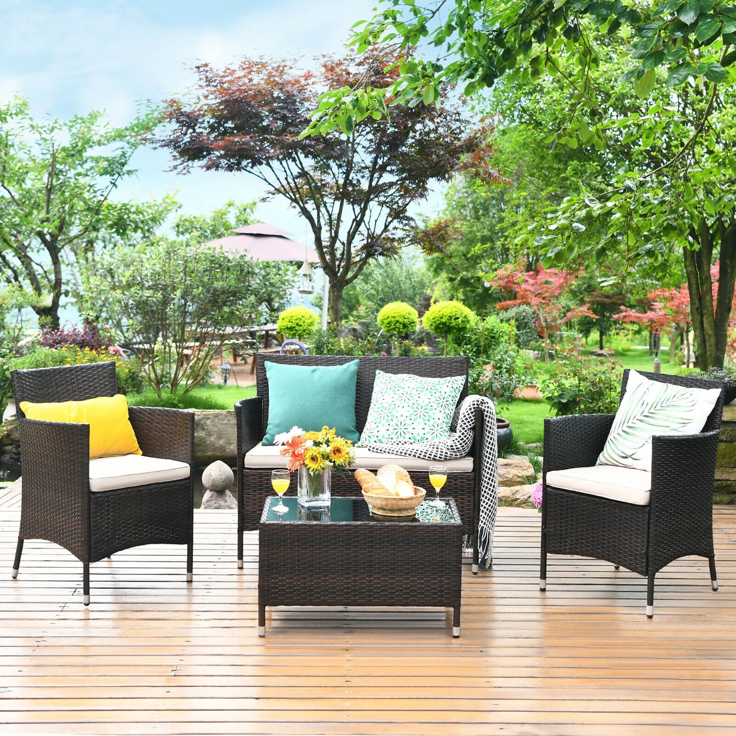HOMASIS 4 Piece Rattan Patio Furniture Set With Cushioned Seating