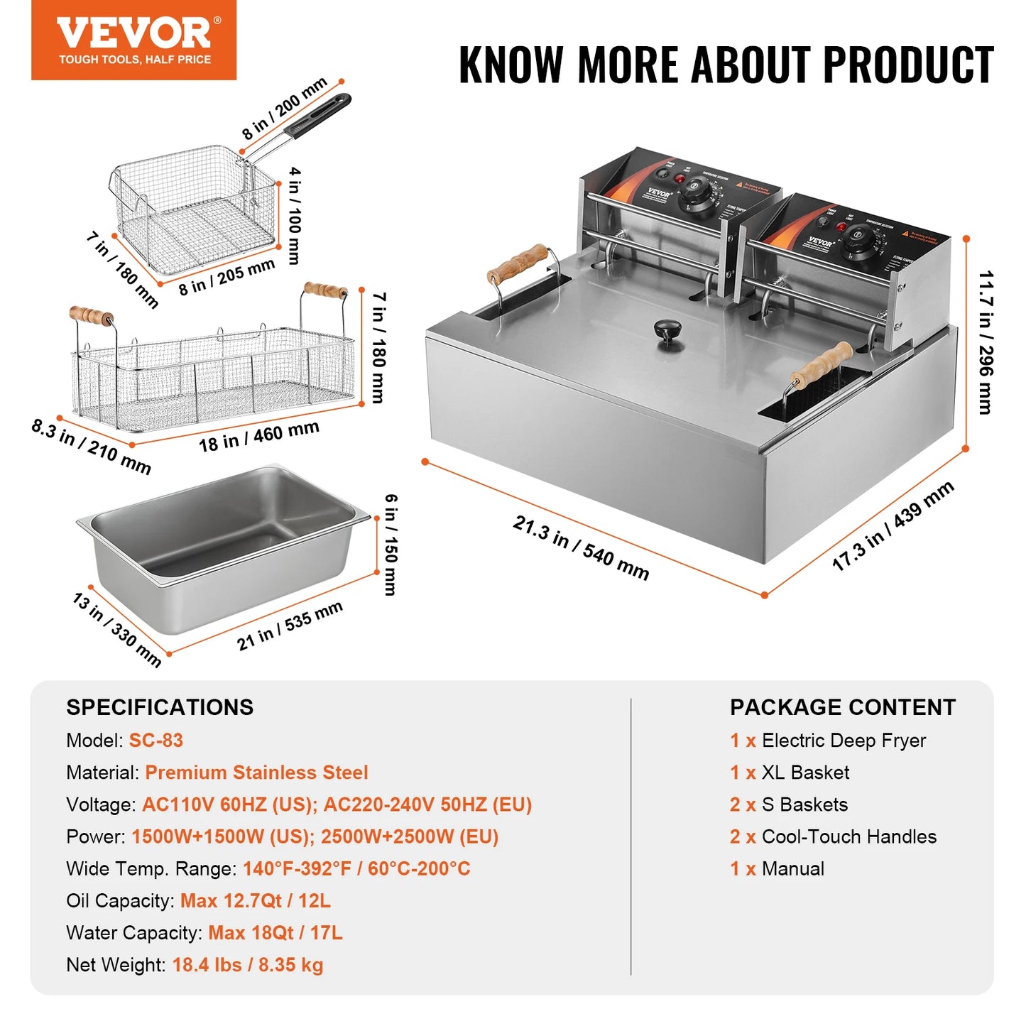 VEVOR Stainless Steel Commercial Deep Fryer 3000W Countertop Fryer