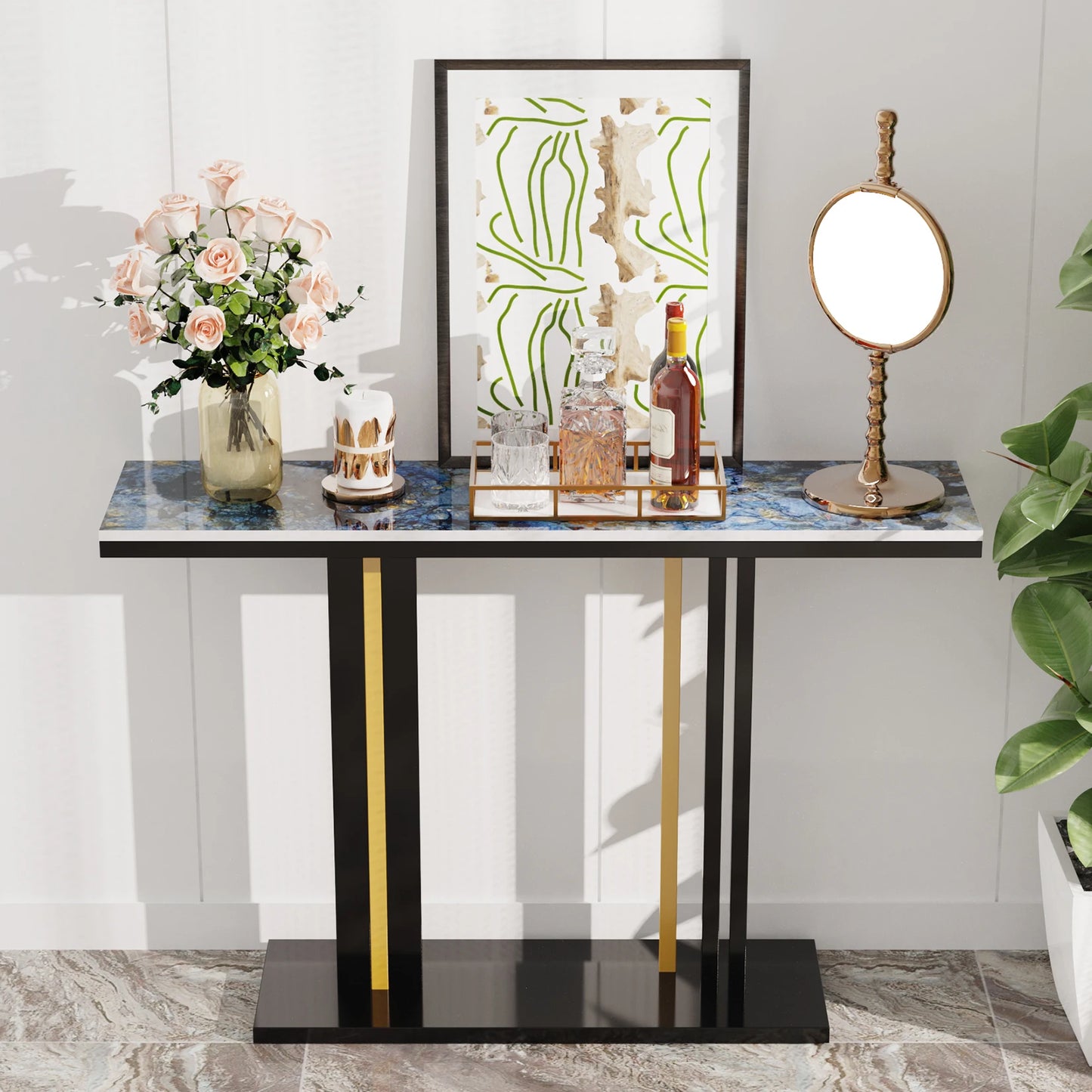 BINGOPAW Contemporary Console Table With Stone Top And Pedestal