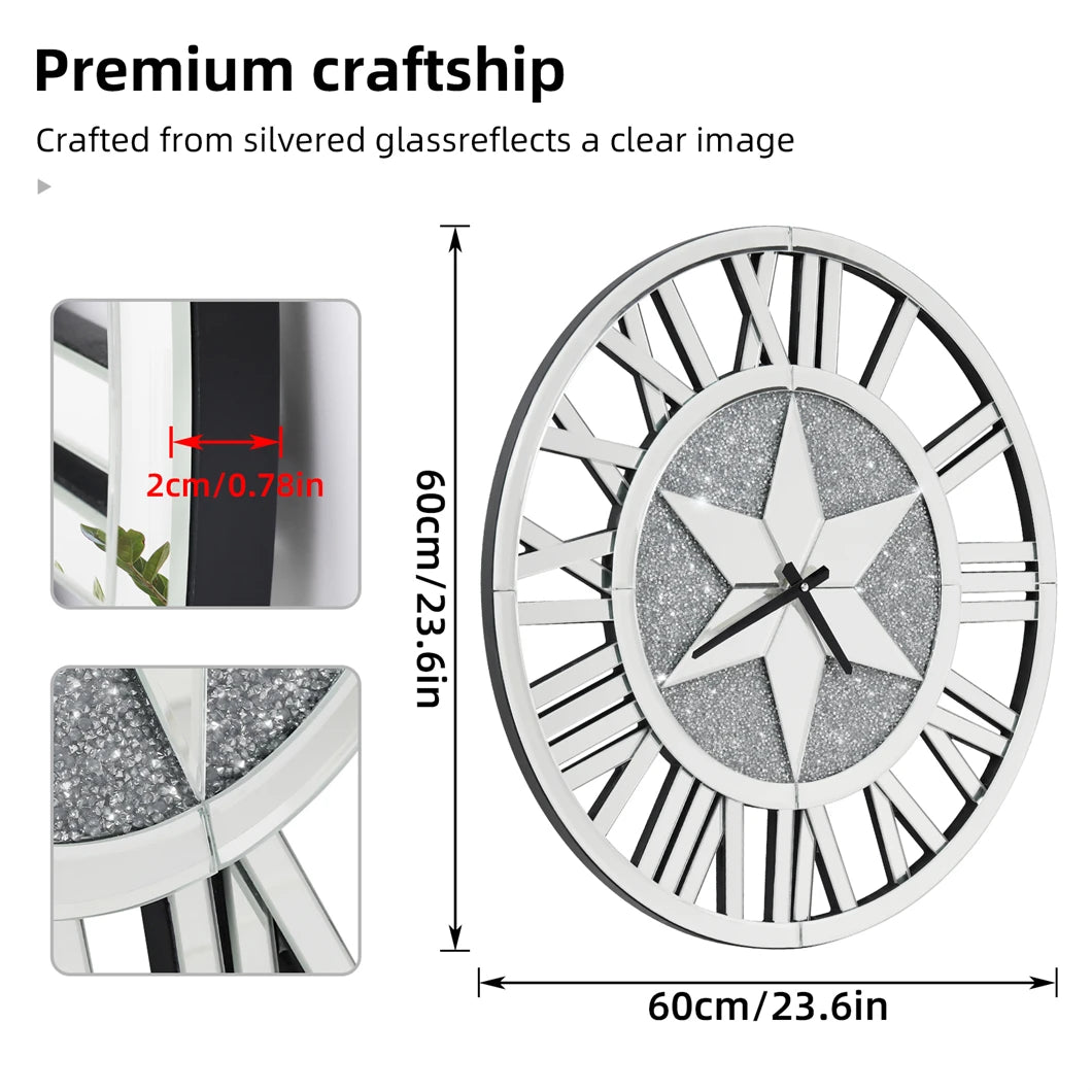 Large Mirrored Round Wall Clock With Beveled Roman Numerals