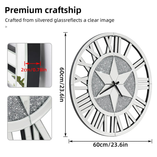 Large Mirrored Round Wall Clock With Beveled Roman Numerals