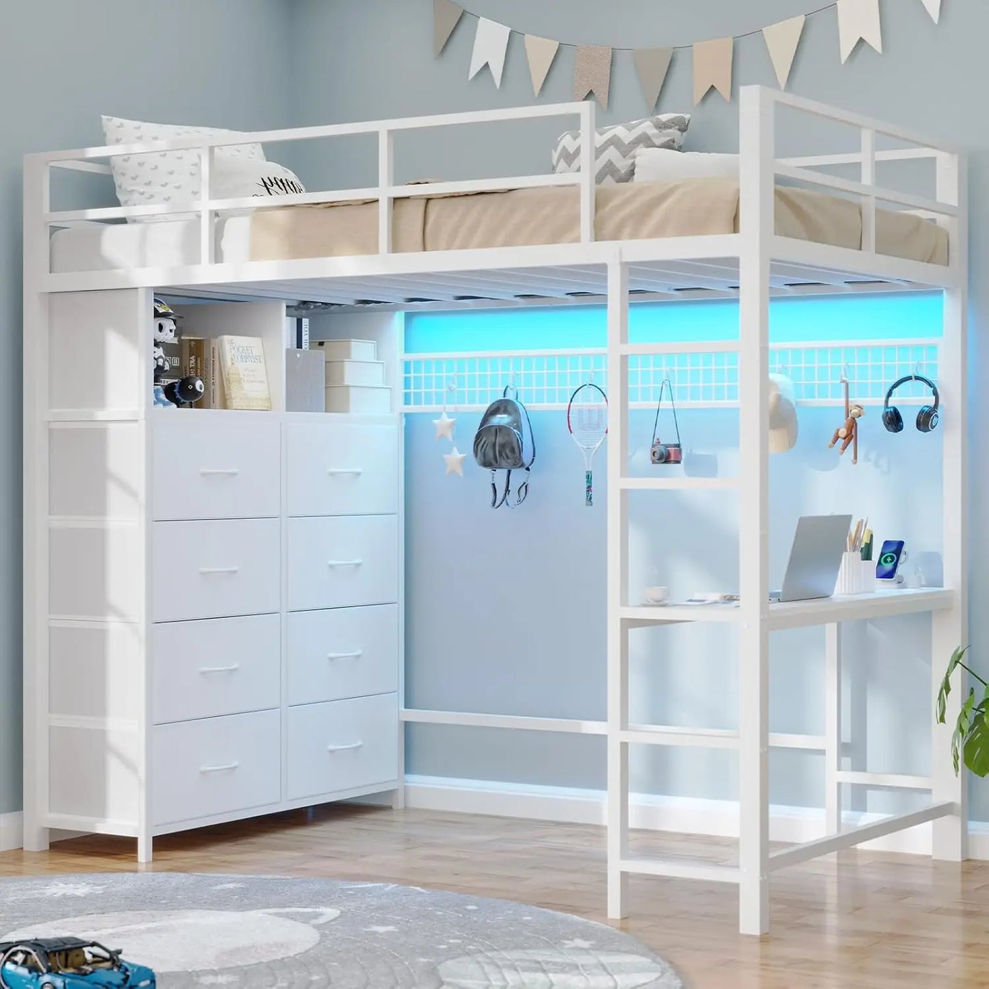 XMSJ Twin Loft Bed With Desk And Eight Storage Drawers