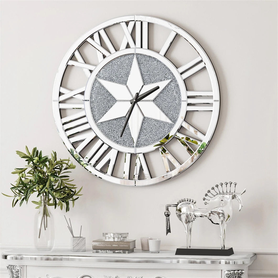 Large Mirrored Round Wall Clock With Beveled Roman Numerals