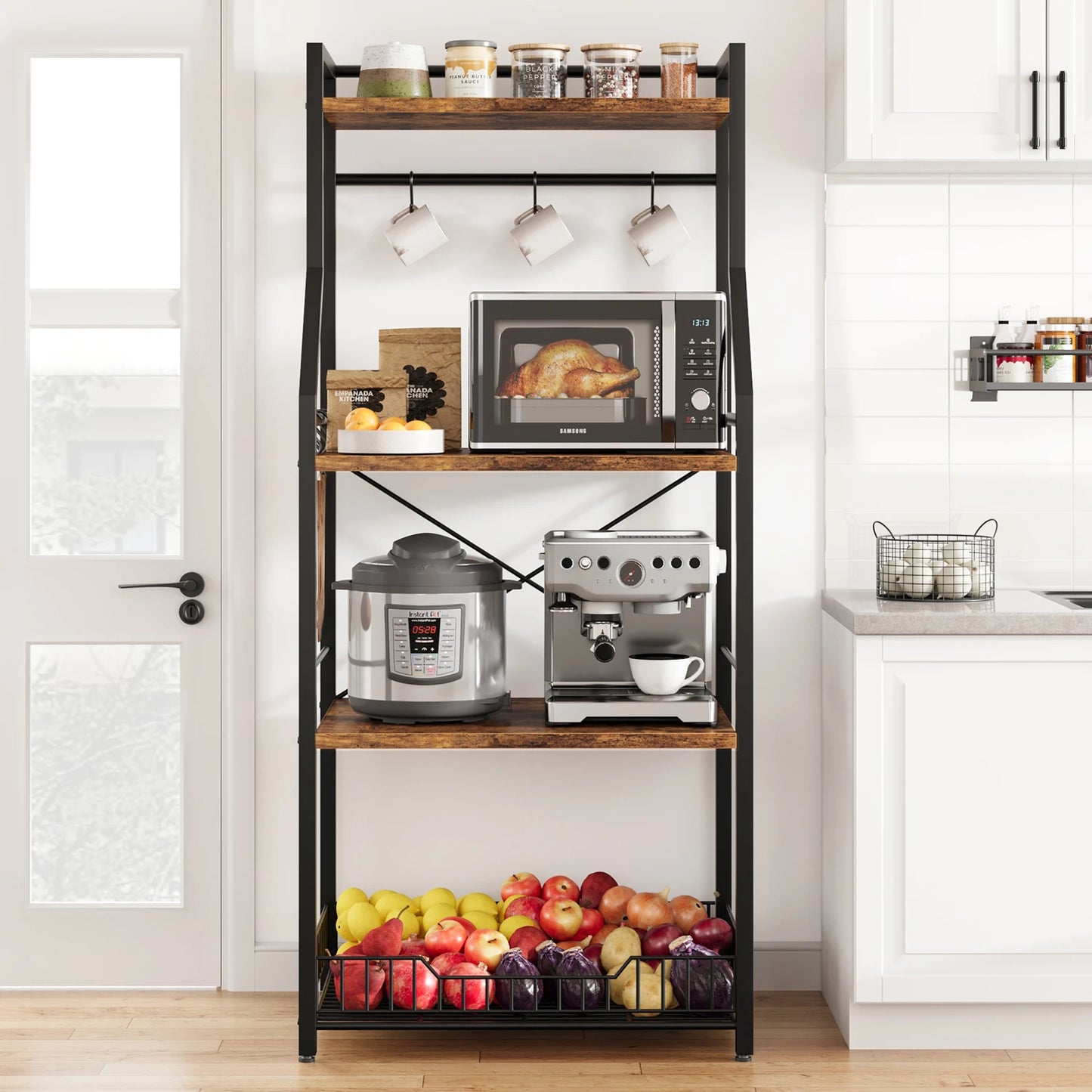 TWISTER.CK 4 Tier Kitchen Baker Rack With Wire Basket Hooks
