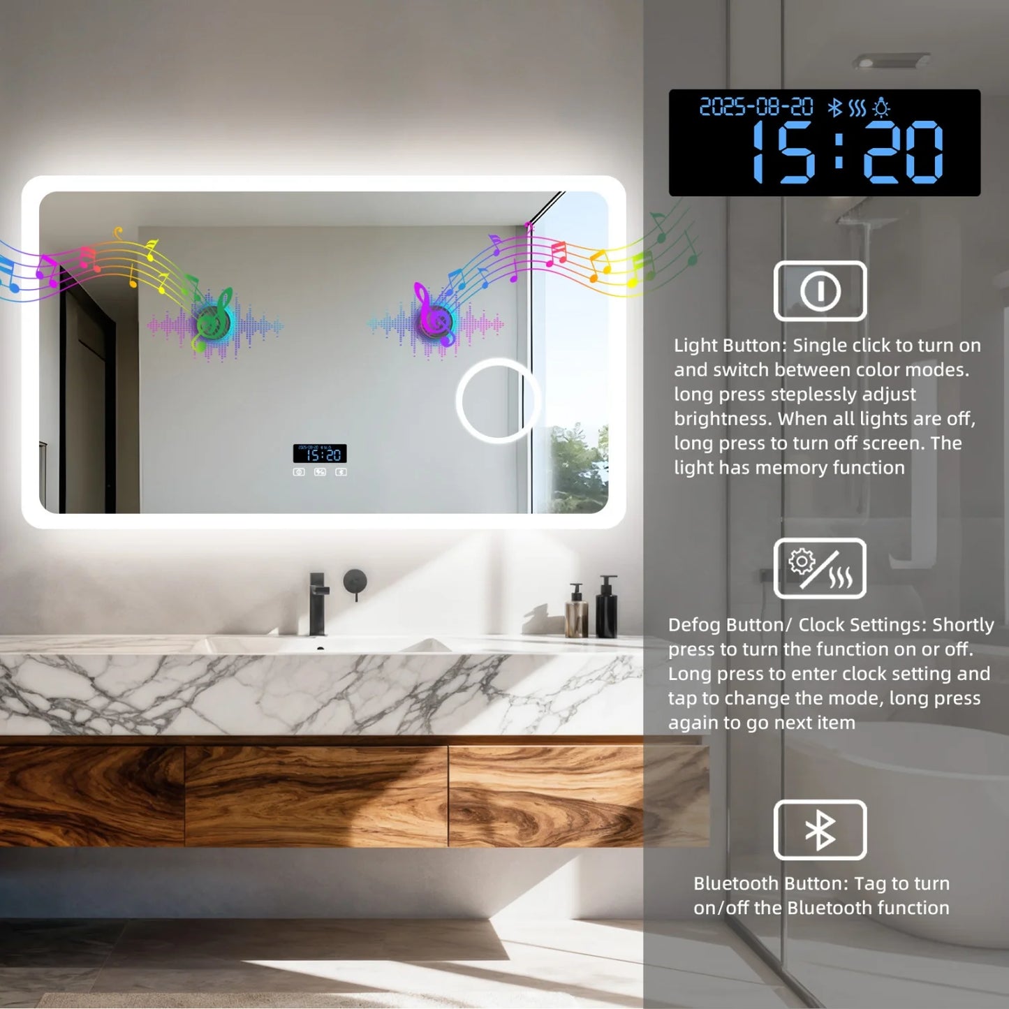 LED Bathroom Mirror With Bluetooth Dimmable Backlit 3X Magnifier Display