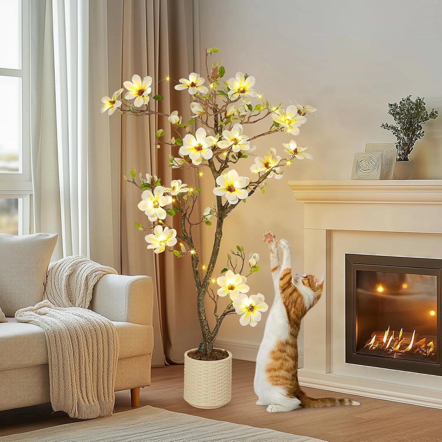 Artificial Magnolia Plant With LED Lights For Outdoor Patio Decor